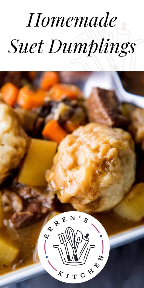 Top off your homemade stews or casseroles with these quick, easy and deliciously fluffy suet dumplings. Perfection every time, guaranteed! Suet Dumplings Recipe Stew, Dumplings Made With Lard, Suet Dumplings Recipe, Beef Suet Uses, Fluffy Dumplings Recipe Homemade, Stew Dumplings Recipe, Herb Dumplings Recipe, Suet Dumplings, Veg Noodles Recipe