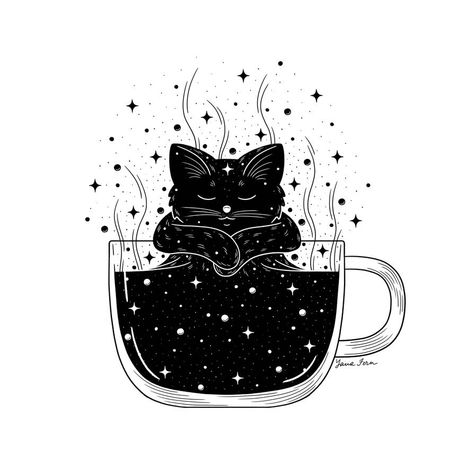 Digital Inking, Simple Cat Tattoo, Coffee Magic, Cat Cozy, Black Cat Poster, Line Art Simple, Line Art Black And White, Cat Tattoo Ideas, Cat Space