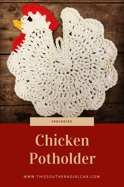 Crochet Chicken Trivet Pattern Free, Crochet Pan Holder, Chicken Pot Holders Crochet Free Pattern, Crochet Chicken Coasters Free Pattern, Chicken Applique Patterns, Crochet Chicken Potholder Free Pattern, Chicken Crochet Potholder, Chicken Potholder Pattern, Free Crochet Chicken