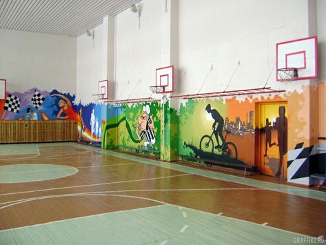 School Wall Art Ideas, Gym Wall Decor, Black Ink Art, Mural Art Design, Dancer Painting, Brochure Design Layout, Gym Wall, School Wall Art, Gym Art