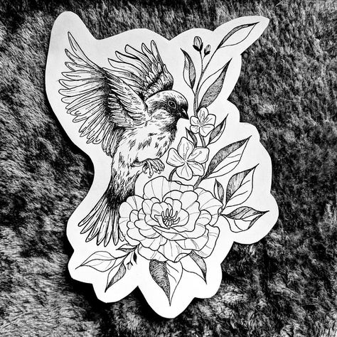 Lilly And Bird Tattoo, Hawk Flower Tattoo, Sparrow Floral Tattoo, Bird And Poppy Tattoo, Sparrow Memorial Tattoo, Bird On Flower Tattoo, Mens Sparrow Tattoo, Tattoo Birds And Flowers, Sparrow Shoulder Tattoo