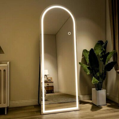 MirrorTraders.com BEAUTYPEAK 64" x 21" White, LED Arched Full Length Standing Floor Mirror. Round Top Mirror, Light Up Full Body Mirror, Led Standing Mirror, Round Full Length Mirror, Full Body Mirrors In Bedroom, Standing Mirror With Plants, Bedroom Full Body Mirror, Mirror Inspo Decor, Long Mirror In Bedroom Aesthetic