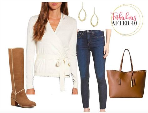 Ballet Wrap Top Styled Casually | Fabulous After 40 #styleover40 #fashionover40 #casualstyle #fallfashion White Wrap Sweater Outfit, Outfit Ideas With Cardigans, Wrap Sweater Outfit, Sweater Cardigan Outfit, Comfortable Casual Outfits, Ballet Wrap Top, Stylist Outfit, Sweater Outfit, Casual Outfit Ideas