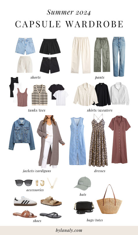 Having a capsule wardrobe as a mom can save you TONS of time and money! Here are some of my favorite capsule wardrobe pieces that will allow you to put together effortless, chic outfits this summer.  capsule wardrobe essentials, summer outfit ideas, chic summer outfits, mom style, mom fashion, capsule wardrobe outfits, capsule wardrobe summer, essential minimalist capsule wardrobe France Wardrobe Capsule, Summer To Fall Capsule Wardrobe, Time Capsule Outfits, Ten Piece Wardrobe, Spanish Capsule Wardrobe, Midsize Summer Capsule Wardrobe, Time Capsule Wardrobe Summer, Summer Time Capsule Wardrobe, Linen Wardrobe Capsule