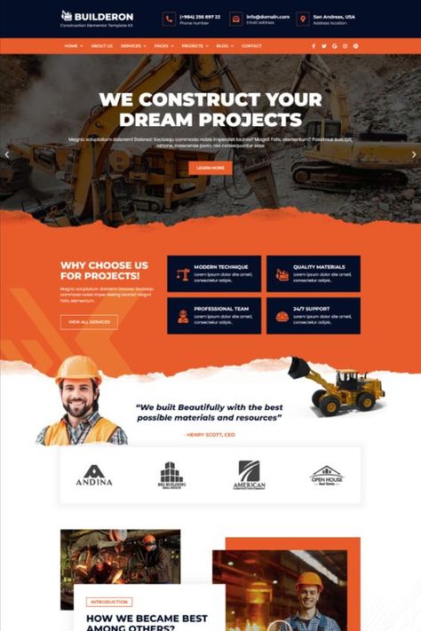 Builderon – A Construction Elementor Template Kit is an Elementor Template Kit for quickly and easily creating websites for your business using the Elementor Page Builder plugin for WordPress. Construction Website Design, Construction Website Templates, Website Design Inspiration Business, Elementor Templates, Creating Websites, Inmobiliaria Ideas, Best Landing Pages, Software House, Modern Website Design