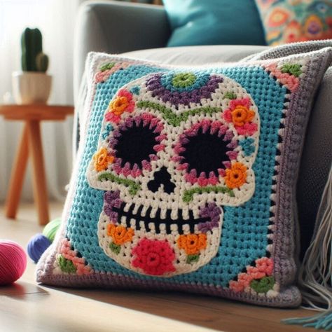 Crochet Sugar Skull Pillow Pattern Skull Pillow Crochet Pattern, Sugar Skull Crochet, Crochet Sugar Skull, Skull Crochet, Crochet Skull Patterns, Bug Bite, Skull Pillow, Crochet Skull, Candy Skulls