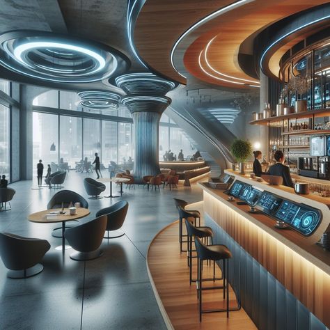 Search Dream Company, Ville Cyberpunk, Future Technology Concept, Hotel Lobby Design, Themed Cafes, Luxury Restaurant, Lobby Design, Future Tech, Hall Design