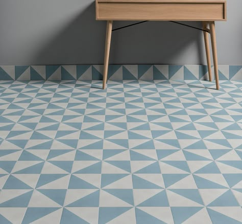 Blue Geometric Tiles Bathroom, Geometric Wall Tiles Bathroom, Geometric Tiles Pattern, Patterned Bathroom Floor, Triangle Tile Pattern, Geometric Tiles Bathroom, Geometric Floor Tiles, Hallway Tiles Floor, Geometric Bathroom