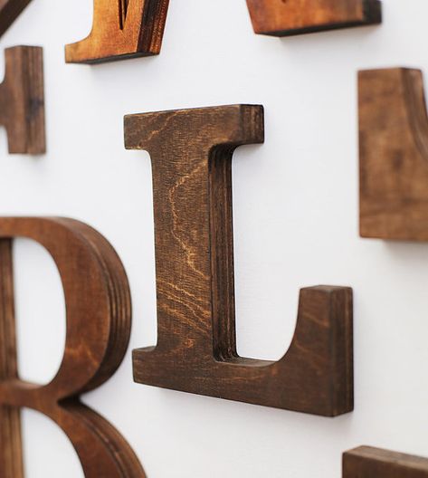 Wooden letter L or any other uppercase letter. All letters of the alphabet are available as well as an ampersand &. Sanded, stained by hand. Here it is shown in dark brown. Please note that the grain and the color of the wood in each letter may vary slightly from the pictures shown.  * Please choose from 2 sizes: 6 tall or 7 tall. ** Please choose the letter from the drop downs  *** If you would like a custom version (different size or color) of this letter, please contact me for details and... Wooden Letters For Nursery, Letters For Wall, Nursery Blue, Wooden Letters Decorated, Gallery Wall Nursery, Rustic Letters, Wall Letter, Wooden Wall Letters, Letter Wall Decor