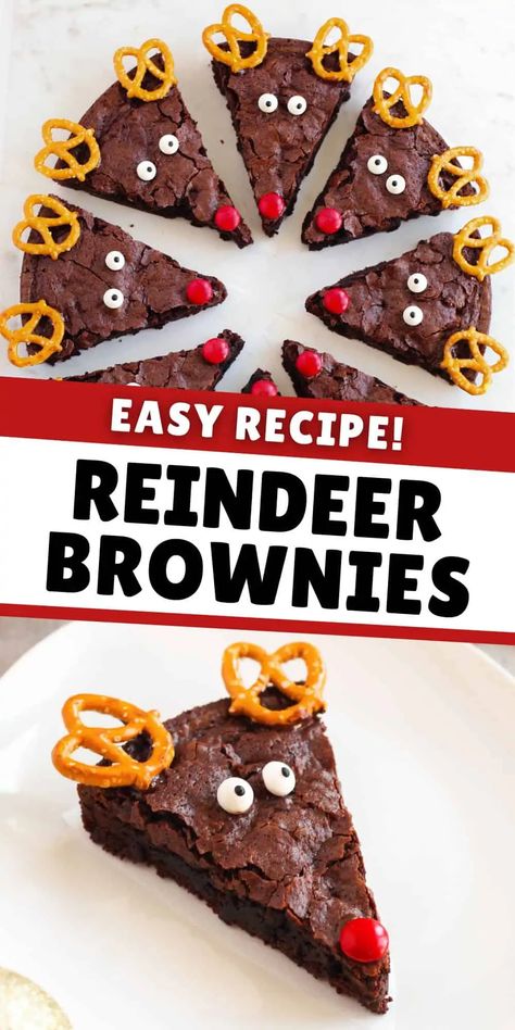 Reindeer Brownies Christmas Treats, Christmas Desserts To Make With Kids, Easy Christmas Brownies, Fun Christmas Desserts For Kids, Christmas Dessert For Kids, Brownie Reindeer, Christmas Brownies Ideas, Christmas Class Treats, Quick Holiday Desserts