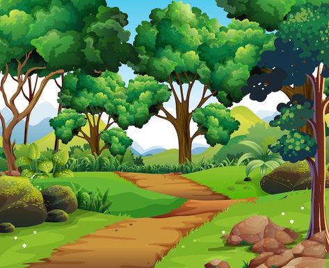 Nature scene with hiking track and trees | Free Vector #Freepik #freevector #nature-scene #forest-background #tree-landscape #forest Trees Images, Jungle Pictures, Jungle Drawing, Jungle Images, Forest Cartoon, Game Background Art, Forest Drawing, Vector Nature, Free Vector Backgrounds