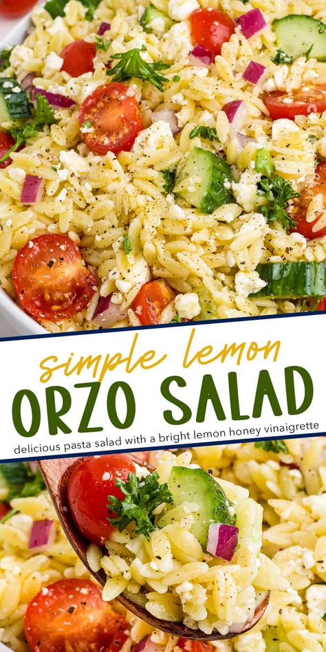 Orzo Salad With Feta, Orzo Recipes Side, Lemon Pasta Salads, Orzo Pasta Salad Recipe, Lemon Orzo Salad, Orzo Salad Recipes, Lemon Orzo, Orzo Pasta Salad, Salad With Feta