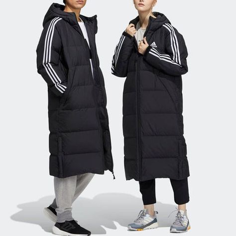 adidas 3ST Long Coat Outdoor Sports Hooded Stay Warm Down Jacket Black - KICKS CREW Long Down Vest, Warm Down, Stylish Sneakers, Long Coat, Puffer Jacket, Stay Warm, Down Jacket, Outdoor Sports, Perfect Pair