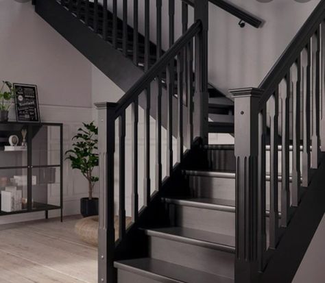 Black Painted Stairs, Dark Staircase, Black Stair Railing, Stairs And Hallway Ideas, Black Staircase, House Rehab, Black Stairs, Open Trap, Stair Ideas