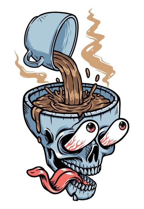 Coffee Cup Tattoo, Coffee Illustrations, Coffee Poster Design, Skeleton Artwork, Coloring Letters, Coffee Tattoo, Head Illustration, G Design, Head Skull