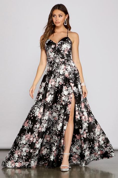 Wedding Guest Dresses & Outfits | Dressy Shoes, Chic Bottoms | Windsor Black Flowery Dress, Wedding Reception Dresses, Floral Satin Dress, Flowery Dress, Reception Dresses, Outfits Dressy, Dressy Shoes, Dresses Outfits, Windsor Dresses