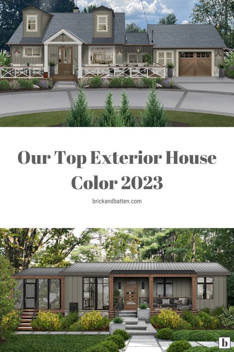 Grey House With Brown Trim, Sage Green Exterior House Colors Modern, House Color Trends 2023, Beige Exterior House Colors Farmhouse, Exterior House Color Trend 2023, Exterior Paint Colors For Small Ranch House, 2023 House Color Exterior, Putty Colored Exterior House, Universal Khaki Exterior Paint