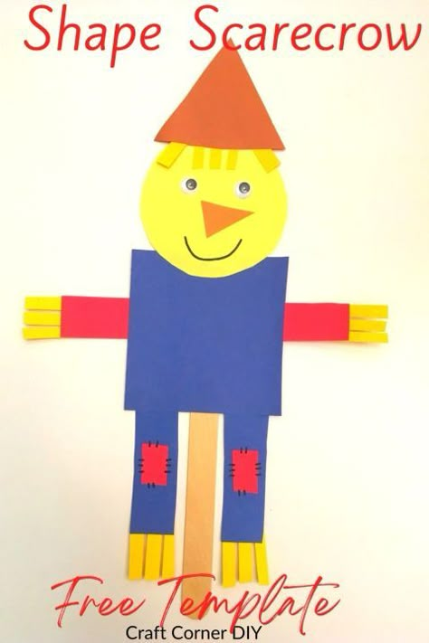 Use the free template to make this shape scarecrow craft with your kids. Easy fall craft for preschoolers, kindergarten, and school age children. Helps teach kids shapes and colors. #scarecrowcraft #fallcraft Scarecrow Preschool Crafts Easy, Shapes Craft Kindergarten, Crow Art Preschool, Scarecrow Prek Craft, Scarecrows For Preschool, Fall Shape Crafts Preschool, Prek Scarecrow Craft, Scarecrow Crafts For Kindergarten, Scare Crow Craft For Preschoolers