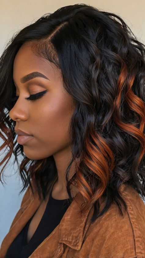 Effortless Copper on Dark Hair Copper On Dark Hair, Copper Highlights On Black Hair, Hair Copper Highlights, Highlights On Black Hair, Short Haircuts For Black Women, Haircuts For Black Women, Copper Highlights, Black Hair With Highlights, Copper Hair Color