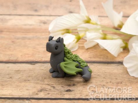 Moss Dragon, Mini Polymer Clay, Black Horns, Mini Dragon, Polymer Clay Dragon, Halloween Clay, Moss Covered, Clay Dragon, Dragon Sculpture