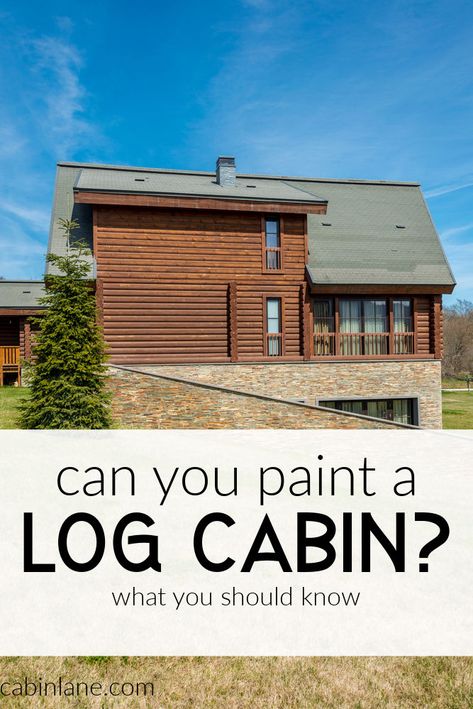 Painted Log Cabin Exterior White, Gray Stained Log Home, Paint Log Cabin Exterior, Red Log Cabin Exterior, Updating A Log Cabin Exterior, Painted Log Cabin Exterior Color Schemes, Modernize Log Cabin, Updated Log Cabin Exterior, Log House Exterior Colors