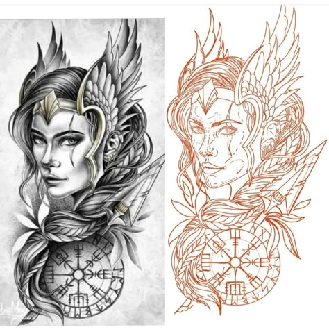 Viking Drawings, Viking Warrior Tattoos, Arm Tattoos Drawing, Female Warrior Tattoo, Valkyrie Tattoo, Egyptian Tattoo Sleeve, Girl Face Tattoo, Greek Mythology Tattoos, Tattoo Outline Drawing