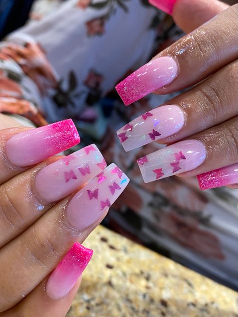 Ombré Butterfly Nails, White Nails With Pink Butterflies, Pink Nails Design Butterfly, Butterfly Nails Pink, Hot Pink Butterfly Nails, Pink Butterfly Nails Coffin, Pink Ombre Nails With Butterflies, Butterfly Nails Acrylics, Butterflies Nails Acrylics