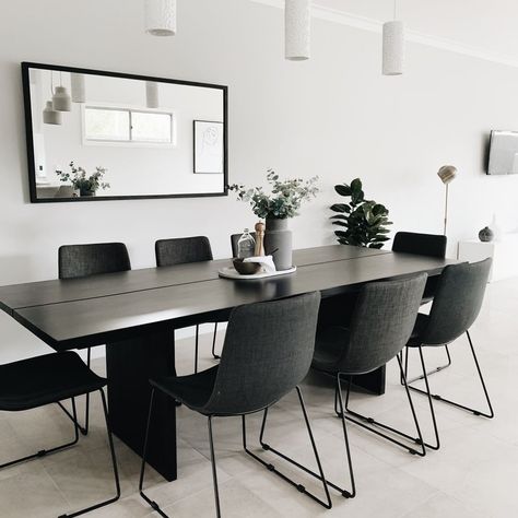 Bowerbird Interiors on Instagram: “A L L . B L A C K | Black mirror ✔️black dining table ✔️black upholstered dining chairs with black metal legs ✔️Some people are scared of…” Black Dinning Table With Chairs, All Black Dining Table, Black Table White Chairs Dining Rooms, Concrete Dining Room Table With Black Chairs, Chairs Black Dinning Table, Dinning Table Black, Black Dining Table Decor, Bowerbird Interiors, Black Dining Table Decor Ideas