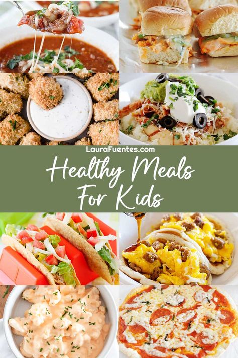 8 pictures of different kid-approved dinner ideas from tacos, pizza, homemade salmon nuggets and much more Easy Healthy Family Recipes, Health Kids Meals, Family Meals Toddler Friendly, Healthy Back To School Dinners, Healthy Meals Kids Love, Nutritious Family Meals, Healthy Dinners Kids Will Eat, Kids Healthy Dinner Ideas, Healthy Kid Friendly Meals Dinners