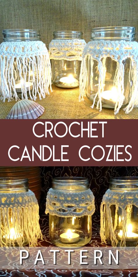 Crochet Candle Cozy, Crochet Mason Jar, Crochet Candle Holder, Crochet Candle, Candle Cozy, Mason Jar Cozy, Cozy Candle, Crochet Pattern Tutorial, Boho Candle