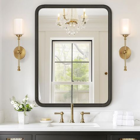 Wood Bathroom Mirror Black Wall Mirrors, Bathroom Mirror Wood, Wood Bathroom Mirror, Bathroom Mirror Black, Decorating Mirror Frames, Wood Mirror Bathroom, Black Bathroom Mirror, Consistent Aesthetic, Bathroom Mirror Ideas