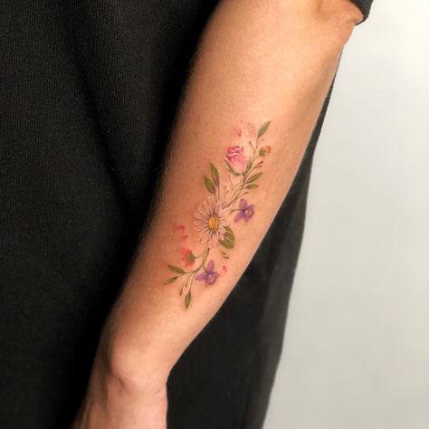 Flower Tattoo On Arm, Violet Tattoo, Daisy Flower Tattoos, Tattoo On Arm, Flower Tattoo Arm, Birth Flower Tattoos, Violet Rose, Birth Flower, Birth Flowers