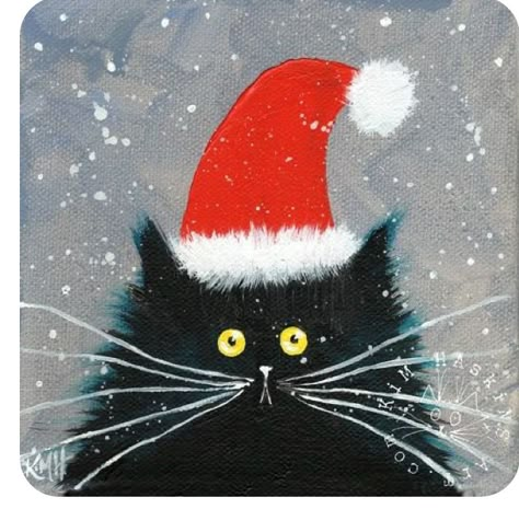 Cat Christmas Cards, Christmas Rocks, Frida Art, Santa Cat, Christmas Canvas Art, Christmas Paintings On Canvas, Cat Paintings, Paint Nite, Christmas Card Art