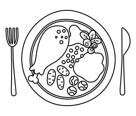 Vector black and white plate with traditional Thanksgiving meal, fork and knife. Outline roast turkey with cranberry sauce. Christmas or Thanksgiving festive food. Holiday outline meal illustration Plate Of Food Drawing, Food Illustration Black And White, Food Clipart Black And White, Knife Outline, Meal Drawing, World Map Sketch, Meal Illustration, Food Black And White, Food Outline