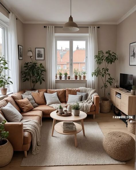 Small Room Earthy Decor, Small Natural Living Room, Modern Flat Decor, Modern Flat Interior Design, Small Living Room Natural Colors, Apartment Decor Nature, Small Living Room Decor Plants, Flat Decorating Ideas Apartments, Earthy Small Apartment