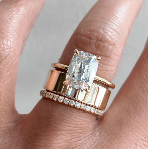 Aura Ring, Sell On Instagram, Thick Gold Band, Stacked Rings, Dream Wedding Ring, Elongated Cushion Cut, Cute Engagement Rings, Elongated Cushion, Future Engagement Rings