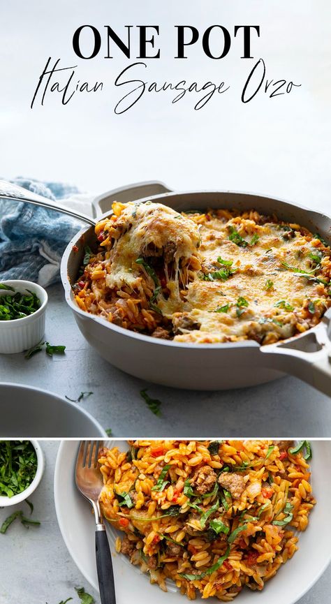 Made entirely in one pot, this Italian sausage orzo is packed full of tender orzo, flavorful sausage bits, and lots of gooey cheese. - on the table in 40 minutes and perfect for a weeknight! One Pot Italian Sausage Orzo, Sausage Orzo Recipes, Italian Sausage Orzo, Hot Italian Sausage Recipes, One Pot Italian, Sweet Italian Sausage Recipes, Sausage Orzo, One Pot Orzo, Italian Chicken Sausage