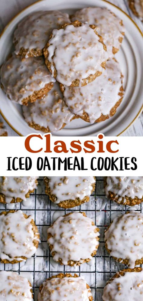 Satisfy your sweet tooth holiday cravings with these beloved, old-fashioned Iced Oatmeal Cookies! These soft and chewy classic oatmeal cookies are drizzled with a simple vanilla icing for for a perfect bite every time like my Chewy Butterscotch Oatmeal Cookies, Spiced Molasses Cookie Cream Pies and the popular Soft-Batch Oatmeal Raisin Cookies! Use this post to find out how to make the best homemade cookie frosting, and how to get perfect chewy oatmeal cookies every time Simple Vanilla Icing, Cinnamon Oatmeal Cookies, Oatmeal Butterscotch Cookies, Iced Oatmeal Cookies, Oatmeal Cookies Chewy, Vanilla Icing, Oatmeal Cookie, Oatmeal Raisin Cookies, Raisin Cookies