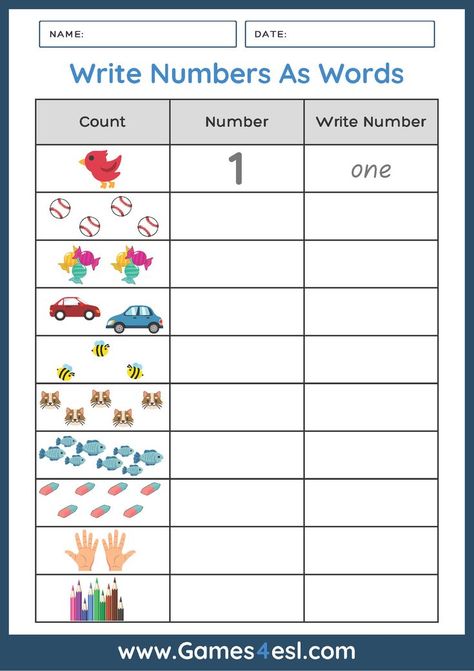 Numbers As Words Worksheet Number Words Worksheets, Count And Write, Teach English To Kids, Preschool Activities Printable, Insect Activities, Number Words, English Language Learners, Free Printable Worksheets, Writing Numbers