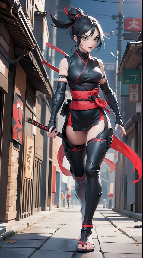 Samurai Outfit Women, Ninja Outfit Female Design, Ninja Outfit Design, Anime Samurai Woman, Female Ninja Outfit, Female Japanese Warrior, Ninja Outfit Female, Kunoichi Art, Female Ninja Art