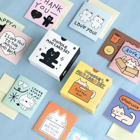 Iconic Doodle Mini Card Set Box Doodle, Sticker Doodles, Small Business Products, Illustrated Products, Handwritten Cards, Draw Cat, Plain Notebook, Notebook Cover Design, Luggage Stickers