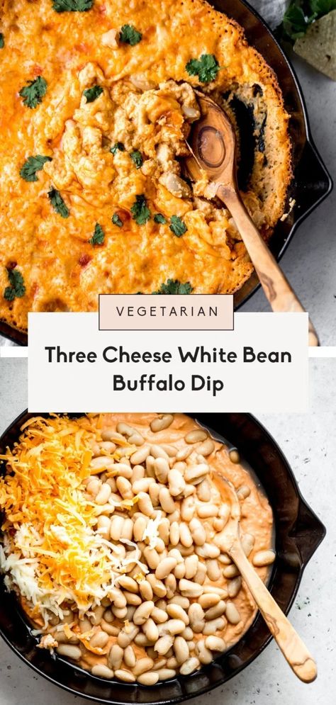 Delicious vegetarian white bean buffalo dip baked to perfection with fiber and protein-packed white beans, three types of cheeses and your favorite buffalo sauce for the ultimate party or game day appetizer! There's no chicken in this easy vegetarian buffalo dip -- serve with tortilla chips, celery, carrots or anything else your heart desires. #buffalodip #dip #vegetarian #healthyappetizer #gameday Vegetarian Buffalo Dip, Buffalo Dip Recipe, Dip Vegetarian, Vegetarian Buffalo, Vegetarian Dip, Buffalo Dip, Bean Snacks, Ambitious Kitchen, Game Day Appetizers