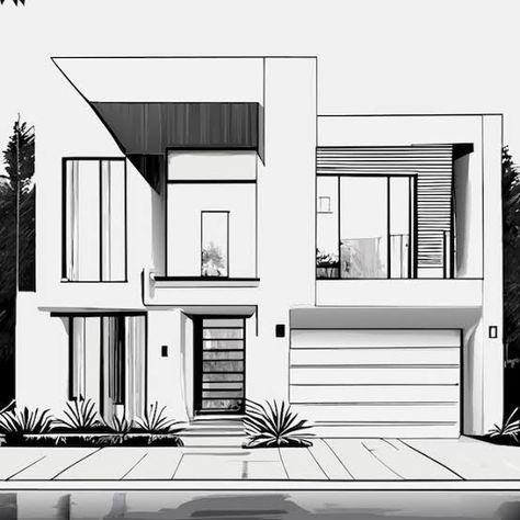 Easy House Sketch, Modern House Sketch Architecture, Dream House Drawing Easy, Modern House Drawing Sketches, Big House Drawing, Outer Wall Design, Dream House Drawing Sketch, Building Drawing Architecture Sketches, Modern House Drawing