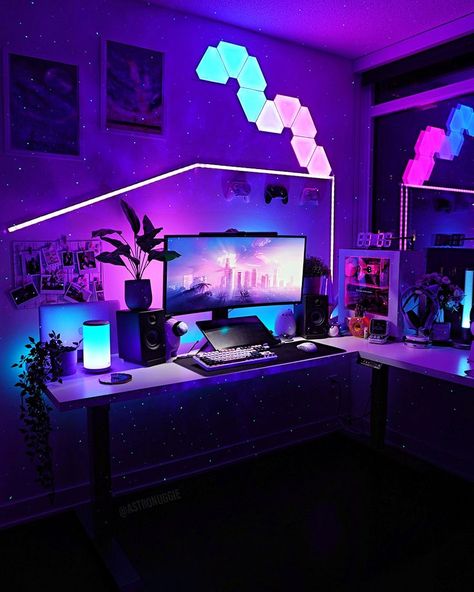 Ultimate girly gaming room with purple, pink and blue lights, nanoleafs, an ultrawide Alienware monitor, and a galaxy star projector. Rgb Room, Neon Pink Aesthetic, Gaming Setup Bedroom, Bedroom Gamer, Galaxy Star Projector, Galaxy Room, Gamer Bedroom, Fairytale Decor, Gamer Setup