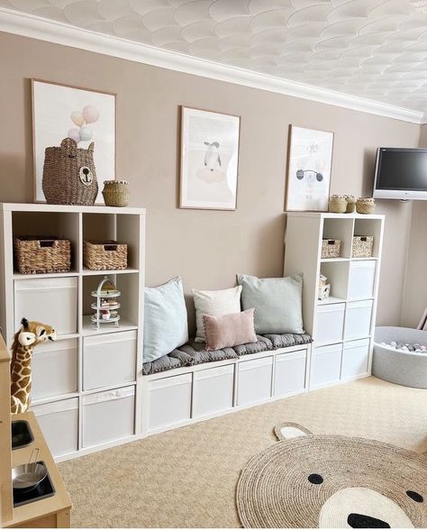 Open Concept Living Room And Playroom, Ikea Shelves Playroom, Kallax In Nursery, Toddler Rooms Ikea, Playroom Kallax Storage, Ikea Storage Kids Room, Kallax Toddler Room, Playroom Kallax Ideas, Narrow Playroom Ideas