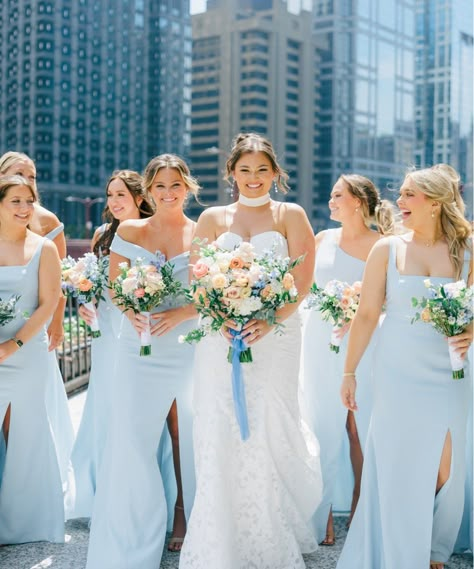 Something old, something new, something borrowed, something blue... emphasis on the BLUE!💙🦋 Congratulations to our beautiful bride, Kathleen! Photographer: @lexibenjaminphotography Venue: @riverroastchi Florals: @petal_plug Beauty: @windycityglam Bridesmaids dresses: @bellabridesmaids Gown Designer: @martinalianabridal Blue Spring Bridesmaid Dresses, Bridesmaids With Groomsmen, Sky Blue Bridesmaids, Spring Bridesmaid Dresses, Gown Designer, Something Old Something New, Floral Bridesmaid, May Weddings, Bridesmaid Dress Colors