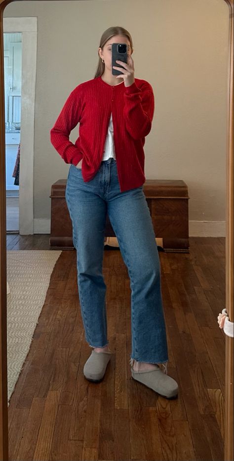 #redcardigan #cardigan #sweater #halfuphalfdown #jeans #denim How To Style Red Cardigan, Red Cardigan Outfit Aesthetic, Cardigan Outfit Plus Size, Red Vest Outfit, Red Cardigan Outfit, Cardigan Ootd, Cardigan Outfit Aesthetic, Red Top Outfit, Thrift List