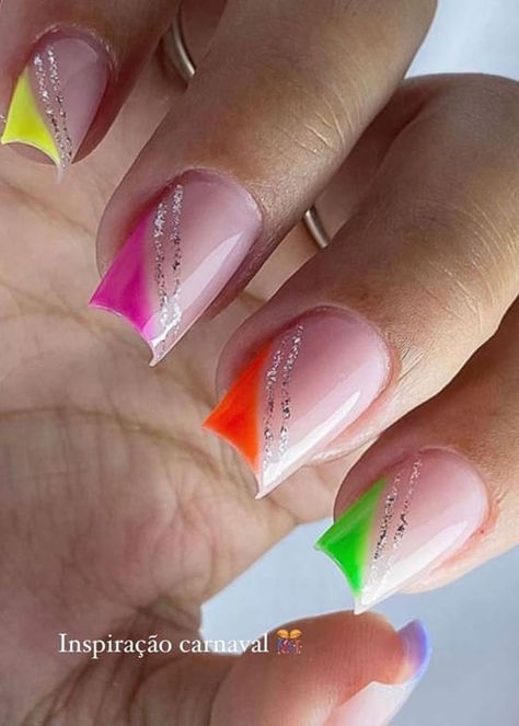 neon nail design: vibrant side tips with silver glitter Rainbow Nails Design Glitter, Carnaval Nails Design, Carnival Nails, French Manicure Acrylic Nails, Fluorescent Nails, Accent Nail Designs, Cruise Nails, Rainbow Nails Design, Neon Nail Designs