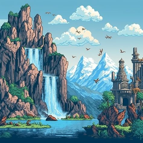 Pixel Art: Mountains, Waterfalls and Rivers Waterfall Pixel Art, Pixel Art Waterfall, Sharpie Coloring, Minecraft Waterfall, Minecraft Mountain, River Waterfall, Art Mountains, Ms Paint, Minecraft City