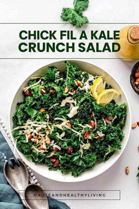 This copycat Chick Fil A Kale Salad recipe is a simple and healthy side dish, ready in just 15 minutes! Chick Fil A Kale Salad Recipe, Bri Recipes, Kale Crunch Salad, Salted Almonds, Curly Kale, Crunch Salad, Cider Vinaigrette, Kale Salad Recipes, Homemade Apple Cider